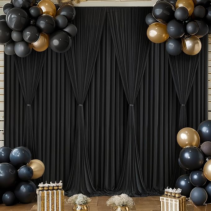 Wish Care Black Backdrop Curtain 4 Panels - Wrinkle-Free Polyester Photography Drapes for Wedding & Party - 16 X 10FT