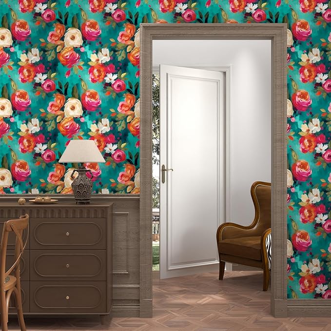 Watercolour Floral Peel and Stick Wallpaper Boho Vibrant Contact Paper Renter Friendly Wall Paper for Living Room Bedroom Drawer Cabinet Removable 17.5 x 78.5In