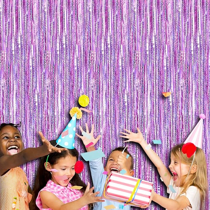 4 Pack Light Purple Tinsel Foil Fringe Curtain Backdrop, 3.28Ft x 8.2Ft Metallic Streamers for Photo Booth Wedding Bridal Shower Bachelorette Birthday Halloween Christmas Party Decoration