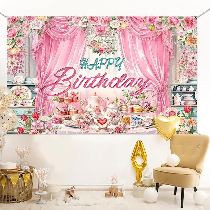 Tea Party Backdrop Let's Partea Happy Birthday Photography Background Wonderland Pink Rose Floral Teapot Women Tea Party Decor Banner Portrait Photo Booth Studio Props 7x5ft FU047YL