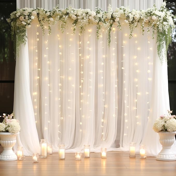 20x10ft White Tulle Backdrop Curtain with Lights String for Parites, Sheer Backdrop Curtains for Wedding Baby Shower Birthday Party Photo Shoot Decorations