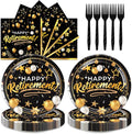 48pcs Retirement Party Decoration Set,16 Dessert plate,16 Napkin And 16 Fork,16 persons Black Gold Disposable tableware,Black Gold Retirement Party Supplies