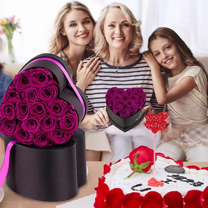 Forever Flowers, 16 Purple Preserved Rose in Heart Shape Box for Delivery Prime,Gifts for Women Grandma Wife Sisiter, Eternal Rose Box Rose Gifts for Mom Birthday