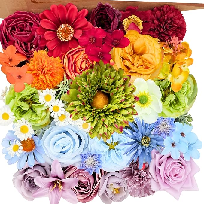 ASTRYAS 38Pcs Colorful Artificial Flowers Combo Box, Fake Silk Rainbow Flowers Faux Floral Arrangement for Christmas DIY Wedding Bridal Bouquets Baby Showers Table Centerpieces Home Decoration