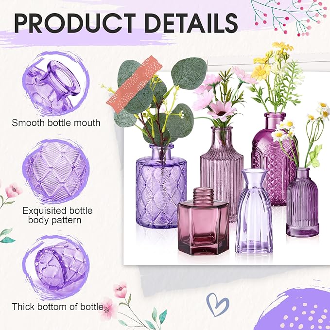 Yaomiao 30 Pcs Vases Bulk Colored Flower Glass Christmas Vases Bud Vintage Colored Glass Bottles Colorful Rustic Embossed for Home Wedding Table Decorations Gifts(Purple Series)