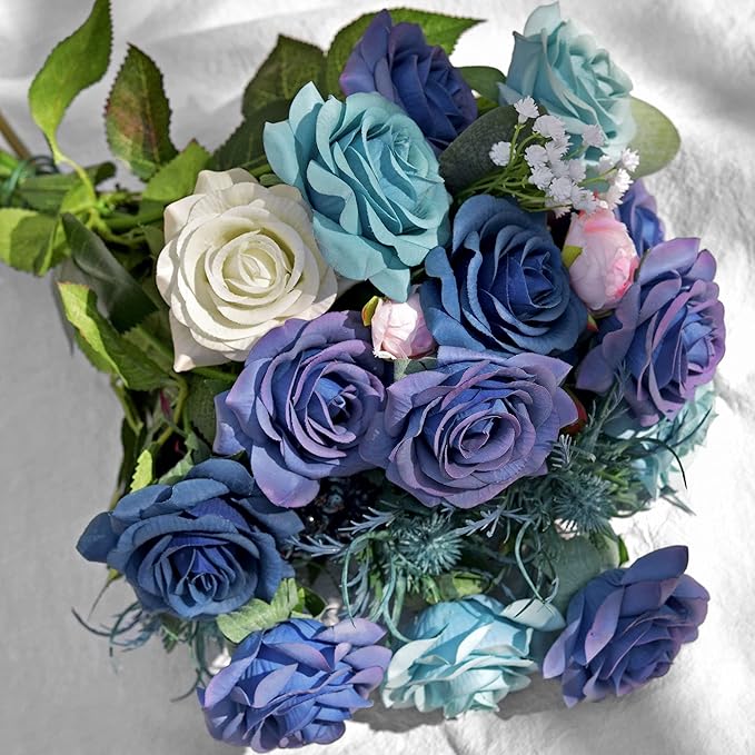 FiveSeasonStuff Fake Roses Wedding Flowers Real Touch Silk Midnight Blue Artificial Flowers 12 Stems