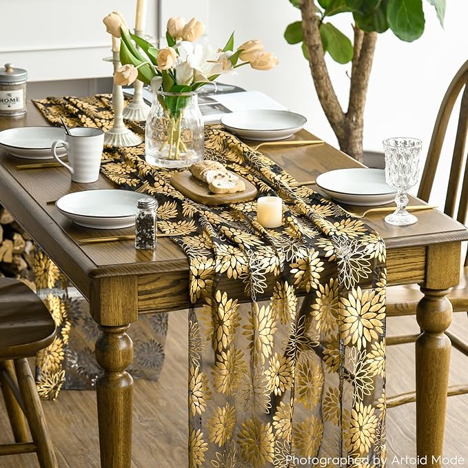 Artoid Mode 3PCS Black Gold Dahlia Flower Gauze Table Runner 120 Inch 10FT, Glitter Metallic Foil Seasonal Sheer Dining Holiday Table Decor for Home Party