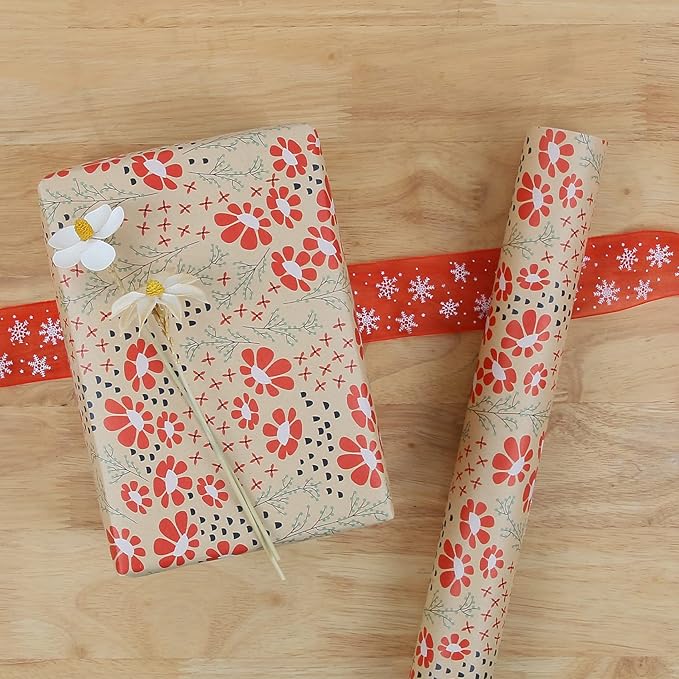 Aimyoo Kraft Floral Wrapping Paper Roll, All Occasion Vintage Red Flower Gift Wrap for Wedding Birthday Bridal Shower, 17 inch x 10 ft