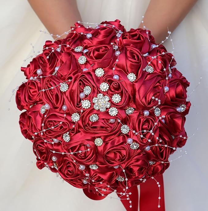 Bridal Wedding Bouquet Round Bling Brooch Bouquet Throw Toss Artificial Rose Flower Bunch for Bride Bridesmaid Wedding Quinceanera(Ruby Red, 6.3")
