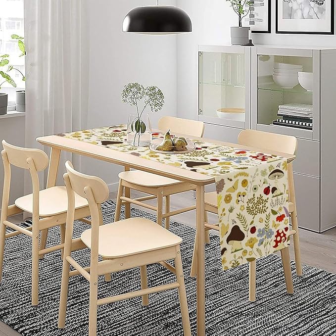 Mushroom Wildflower Table Runner Colorful Cartoon Style Cute Plants Dinner Runner for Farmhouse Cabin Home Kitchen Dining Holiday Party Decor 13x60in