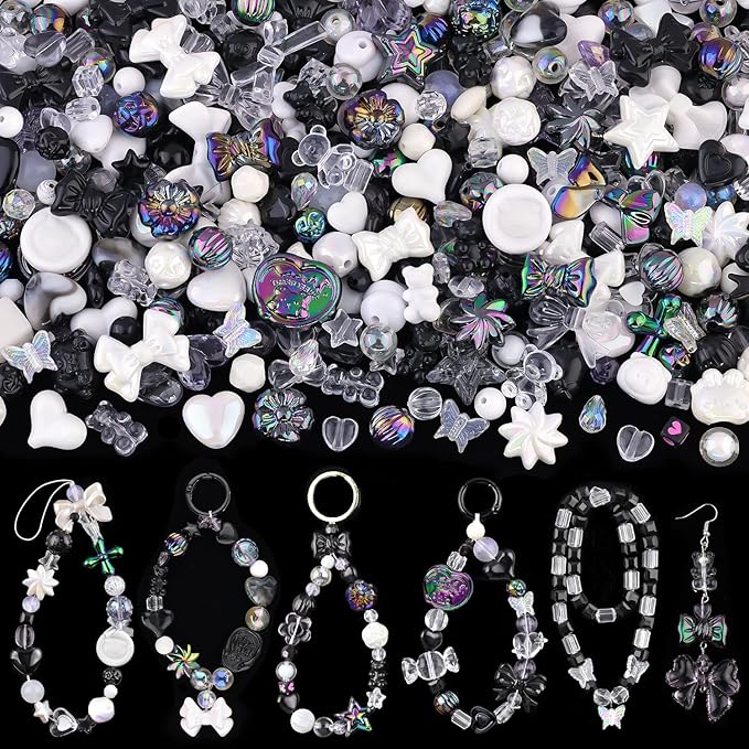 Assorted Acrylic Beads, 200-260PCS Black Cute Beads for Bracelet Making, GummyBear Bow Flower Candy Kawaii Charms for Jewelry Making DIY Necklace Keychain Phone Charm Christmas Gift