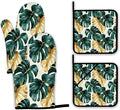 Palm Leaf Golden Tropical Oven Mitts and Pot Holders Set,Kitchen Decor Heat Resistant Non Slip Hot Pads and Oven Mitt for Chef Cooking Baking BBQ Mom Girl Gifts(4 Piece Set)