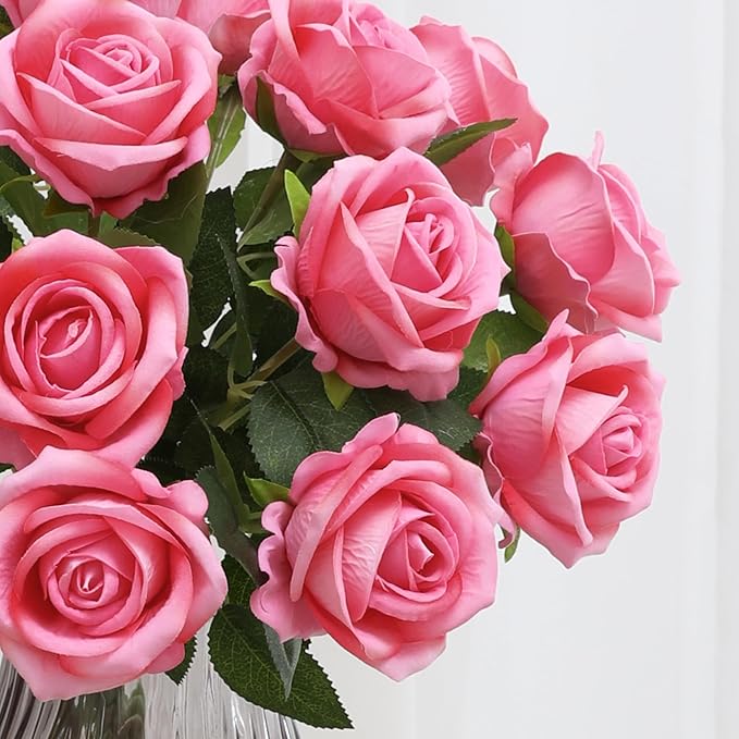 Hawesome Fake Roses Artificial Silk Flowers - 12 Pcs Pink Roses Artificial Faux Flowers with Stems for Home Wedding Centerpiece Hotel Office Decor