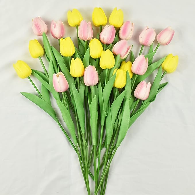 24pcs Artificial Tulips Flowers Fake Faux Tulip Bouquet Real Touch Flower Arrangement for Home Decoration Excellent Gift Idea for Mothers Day (Pink and Yellow)