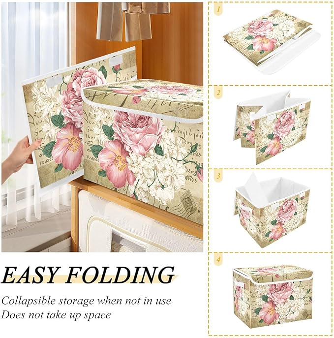 Flower Baskets Collapsible Storage Bins with Lids, Vintage Rose Floral Storage Boxes Clothes Baskets for Organizing
