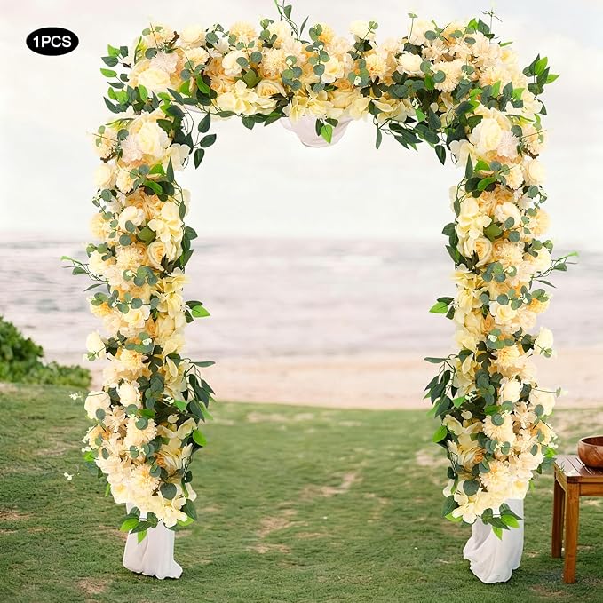 Eapmic Artificial Flower Row, 39.37in Peony Hydrangea Floral Arrangement, Faux Flower Panel Table Centerpiece for Wedding Arch Wall Backdrop Ceremony Reception Home Party Decoration (Champagne)