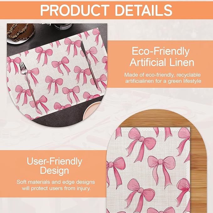 Pink Cute Bow Placemats Set of 6,Dinner Table Mats Non-Slip Washable Mats for Kitchen Dinner Party Tablemat 12x18Inch