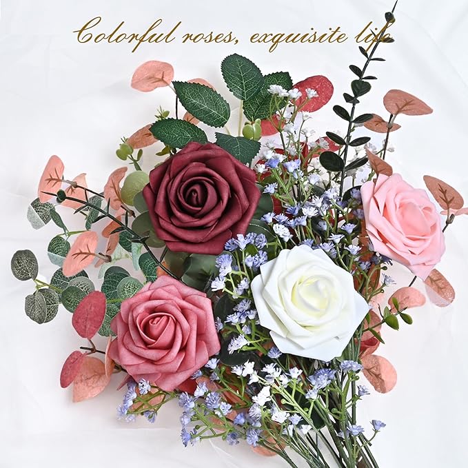 BLEUM CADE 16Pcs Artificial Flowers Fake Roses with Stems, Gradient Burgundy Boxed Foam Roses for DIY Bouquets Centerpieces Wedding Party Arrangement Bridal Shower Decor