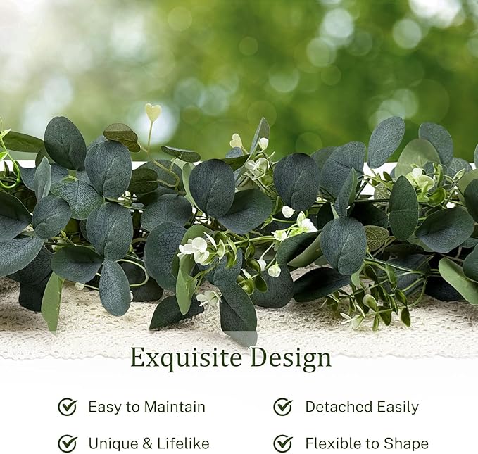 6Pcs Eucalyptus Garland, 6FT Green Flower Garland Decor, Artificial Faux Eucalyptus Leaves Greenery Vines for Table Runner Wedding Bedroom Mantle Centerpieces Backdrop Decorations