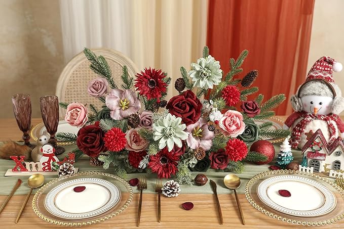 YYHUAWU Artificial Christmas Flowers Combo Box Set Fake Flowers Leaf with Stems for DIY Tree Ornaments Xmas Wreath Floral Arrangements Centerpieces