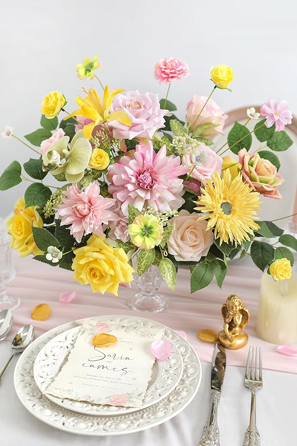 Yellow Pink Artificial Flowers Combo Set Fake Flower Leaf Box with Stemst for DIY Wedding Bridal Bouquet, Centerpieces, Home Decor, Floral Arrangement Decor