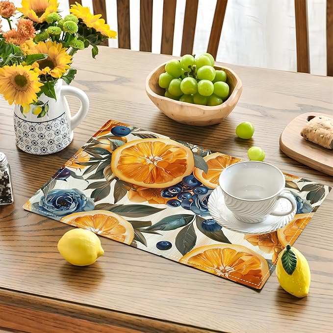 Orange Placemats Set of 6 Fruit Blueberry Rose Leaf Table Mats Washable Place Mats for Home Party Indoor Kitchen Dining Table Decoration 12x18 Inch