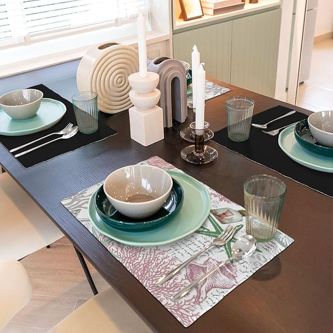 Summer Ocean Placemats Set of 4,Nautical Coastal Pink Green Starfish Seashell Coral Theme Linen Table Mats for Home Kitchen Dining Party Decor 4 PCS