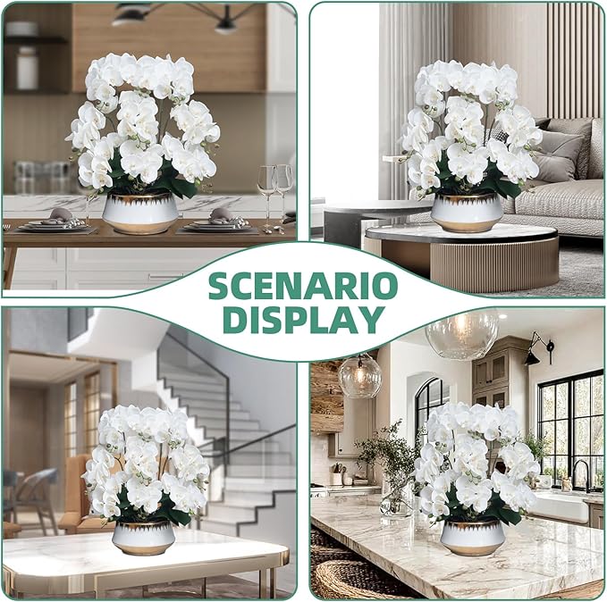 CXGS Orchids Artificial Flower Real Touch Faux Orchid in Large Ceramic Vase 23.6'' Realistic White Fake Phalaenopsis Floral Arrangements Centerpiece Table Home Indoor Decor