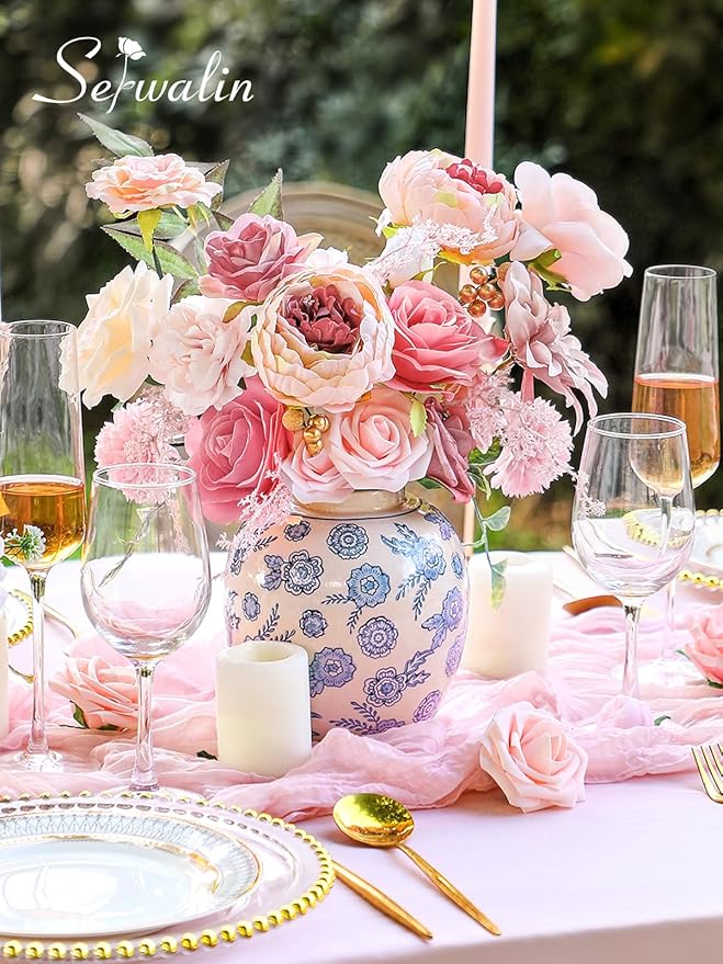 Serwalin Pink Artificial Flowers Peonies, Fake Silk Flowers Wedding Bouquet Bridal Centerpieces Flowers for Decoration, Cake Flower Home Decor