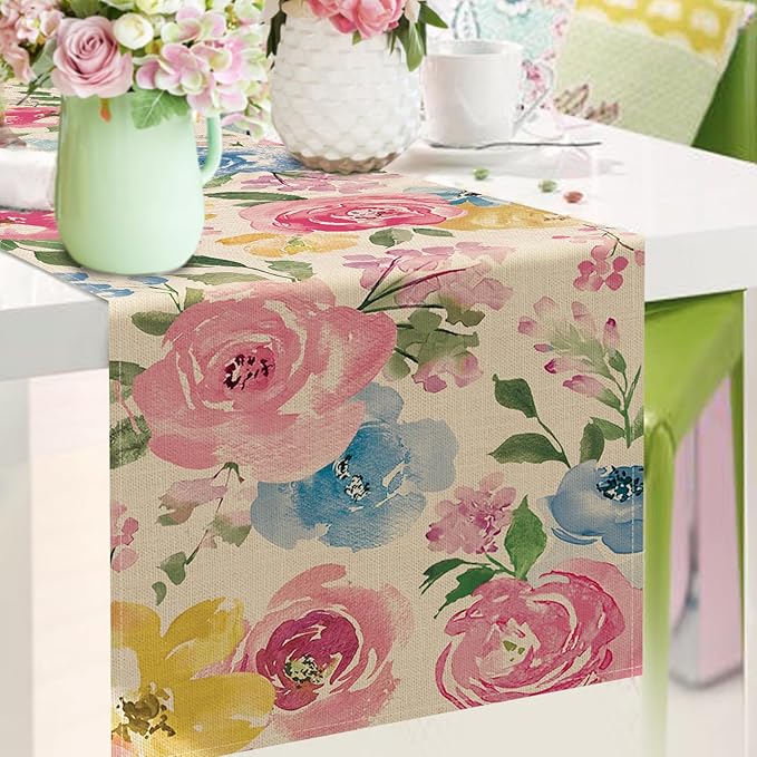Seliem Spring Summer Watercolor Flower Table Runner, Peony Floral Kitchen Dining Table Decor, Seasonal Burlap Home Decoration Indoor Outdoor Party Supply 13 x 36 Inches