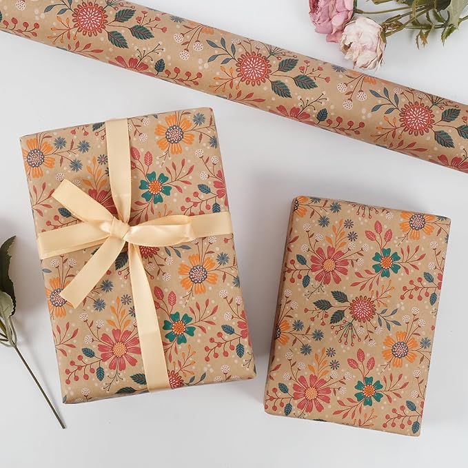 Aimyoo Kraft Floral Wrapping Paper Roll - Mini Roll - 17 Inch x 32.8 Feet - All Occasion Vintage Flower Gift Wrap Paper for Mother's Day Wedding Birthday Bridal Shower
