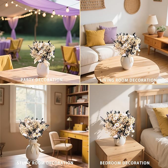 Handmade Dried Flower Bouquet – Natural White, Lavender, Baby’s Breath, Pampas Grass & Eucalyptus – Rustic Boho Style for Home Decor, Weddings, Gifts, and Events