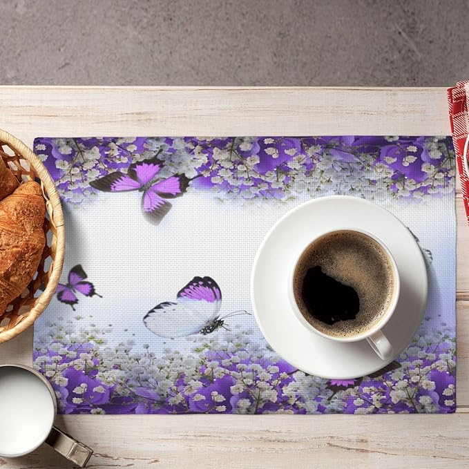 Purple Butterfly Flowers Placemats Set of 6,Spring Summer Flower Place Mats Washable for Kitchen Dining Table Heat Resistant Decorative Colth Table Mats 6 PCS, Style-1
