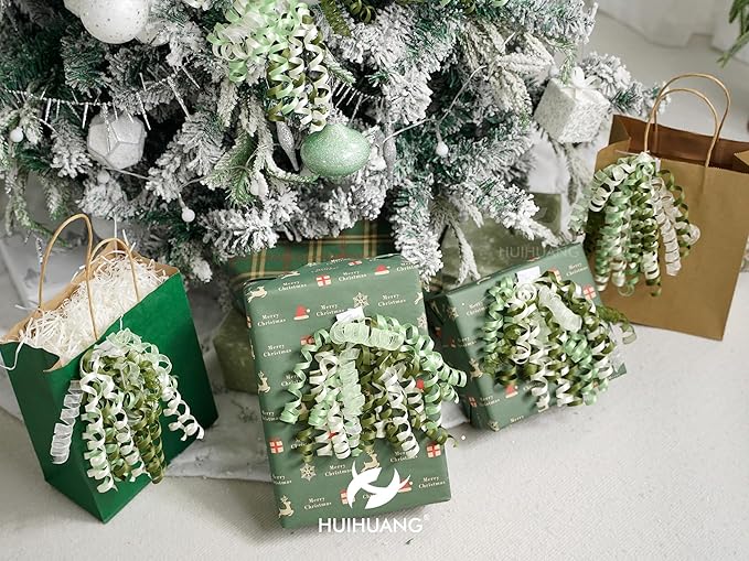 HUIHUANG Green Bows for Gift Wrapping Moss/Sage/Ivory Curly Bows with Self Adhesive & Twist Tie, 7 inch Sheer Satin Ribbon Bow for Presents, Gift Basket, Wedding Decor, Party Favors- 6 Counts