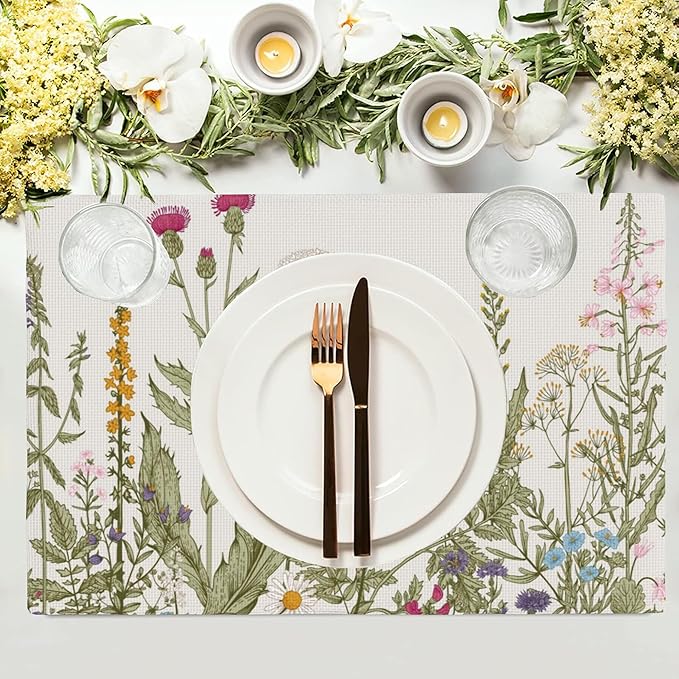 Wild Flowers Placemats Set of 4,Vintage Floral Plant 12x18 Inch Non-Slip Washable Heat Resistant Linen Fabric Table Mats,Place Mats for Holiday Party