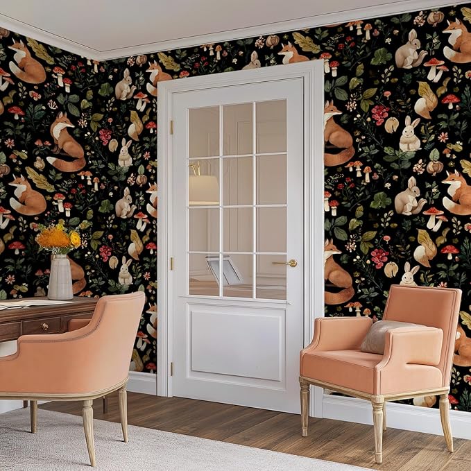 Vintage Fox Rabbit Mushroom Peel and Stick Wallpaper Removable Whimsical Botanical Leaf 17.7" x 236.22" Wall Paper Watercolor Self Adhesive Contact Paper for Classroom Bedroom laundry room bathroom
