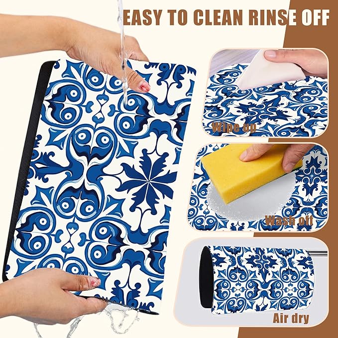 Dish Drying Mat Blue Portuguese Tiles Coffee Bar Mat for Countertop Absorbent Rubber Backed Hide Stain Dish Drainer Rack Pad Espresso Machine Cafe Table Dining Room Decoration 11.8 x 19.7 Inch