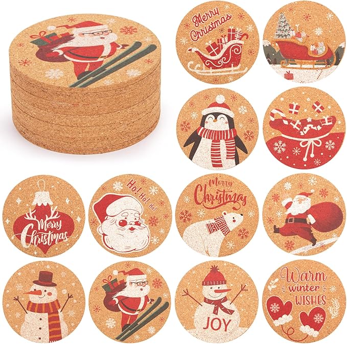 HANSGO 12PCS Christmas Cork Coasters, Cork Cup Mat Xmas Wooden Coasters for Drinks Xmas Party Home Kitchen Table