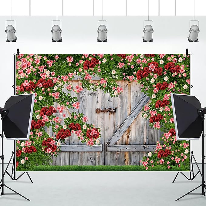 AOFOTO Barn Door Rose Backdrop Rustic Red Pink Beige Flowers Background Romantic Phtography Banner for Anniversary Wedding Decor Photo Studio Photobooth Props 10x6.5ft
