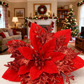 24 PCS Poinsettia Flower Artificial Red Christmas Flowers Artificial 5.5'' Glitter Poinsettias Artificial Christmas Tree Flower with Clips DIY Xmas Wreath Holiday New Year Home Party Decor