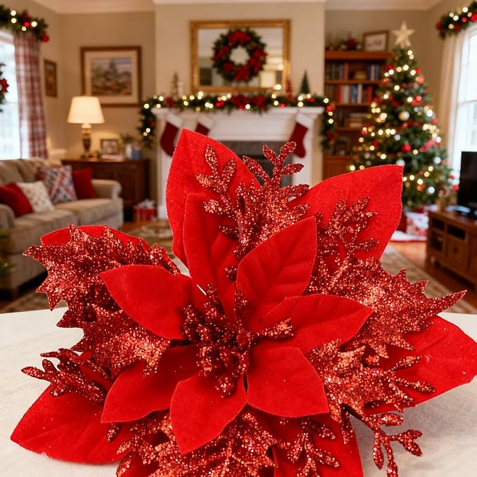 12 PCS Poinsettia Flower Artificial Red Christmas Flowers Artificial 5.5'' Glitter Poinsettias Artificial Christmas Tree Flower with Clips DIY Xmas Wreath Holiday New Year Home Party Decor