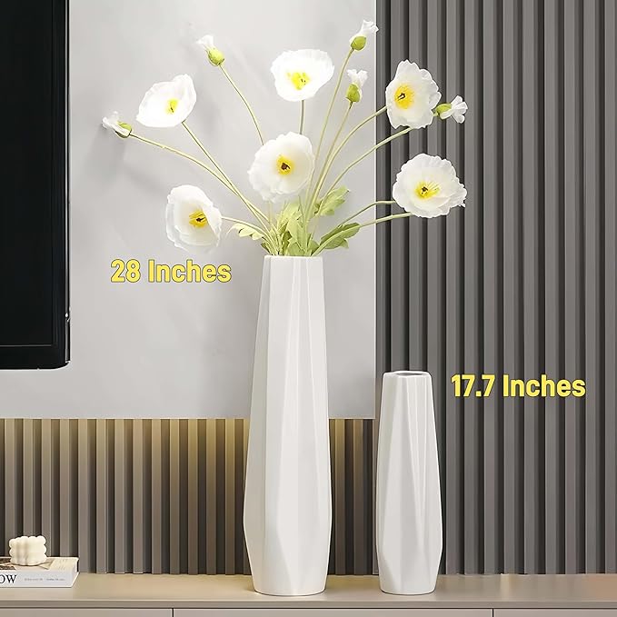 Ceramic Large Floor Tall Vase 28 Inches,White Modern Flower Tall Vases for Office, Home,Farmhouse,Living Room Décor,Simple Origami Design Fall Decorative Porcelain Flower Arrangement Vase Ideal Gift
