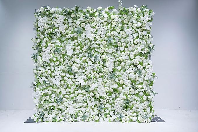 8x8ft(2 pcs of 4ftx8ft) Artificial Silk Fabric Flower Wall Cloth-Based Background 5D White Rose Fabric Rolling Up Floral Backdrop for Wedding Baby Shower Party and Home Decor