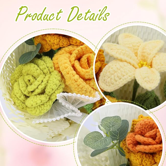 Handmade Crochet Sunflowers Rose Daisy as a Gift for Lover, Family,Friends. Crochet Bouquet, Crocheted Yarn Flowers, Artificial Flower Finished Bouquet (Yellow&Green)