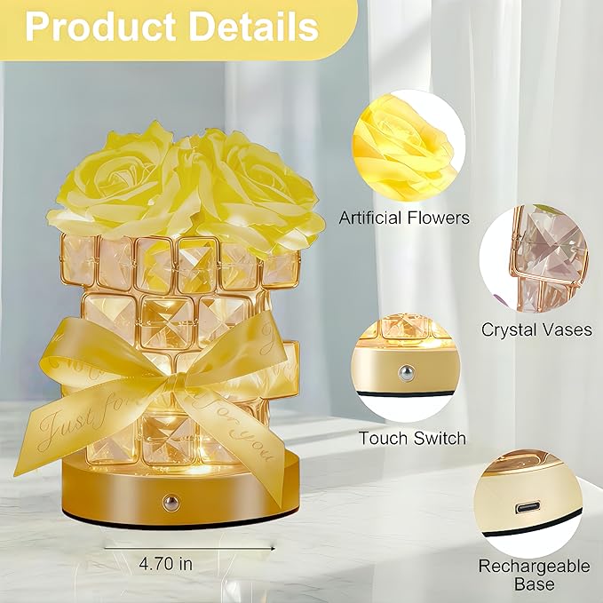 Christmas Gifts for Woman, Touch Crystal Rose Lamp, Elegant Flower lamps, Yellow Roses Crystal Lights Base, Yellow Nightlight, Gifts for Her, Mom, Wife, Girlfriend, Valentines, Birthday Gifts