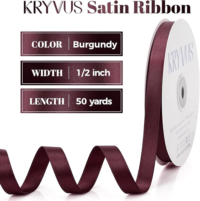 Burgundy Satin Ribbon, Double Faced 1/2 Inch X 50 Yards Burgundy Ribbon, Premium Satin Ribbon for Gift Wrapping, Crafts, Hair Bow Making, Sewing, Flower Bouquet, Wedding Party Decor