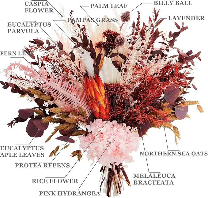 Natural Dried Flower Bouquet, Pampas Grass Decor with Preserved Plants, Boho Rustic Floral Arrangements for Home Table Wedding Centerpieces, Fall Western Style Dry Flowers
