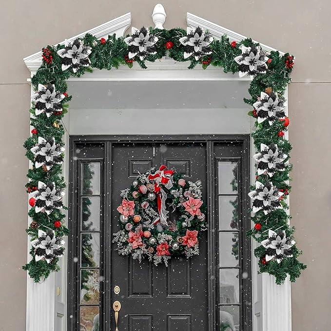 15Pcs Christmas Poinsettia Artificial Flowers Decorations, Glitter Poinsettia Christmas Tree Ornaments, Black Tree Flowers for Xmas/Wedding/Holiday/Wreath/Garland Decor, with Cilps, 5.5 Inch