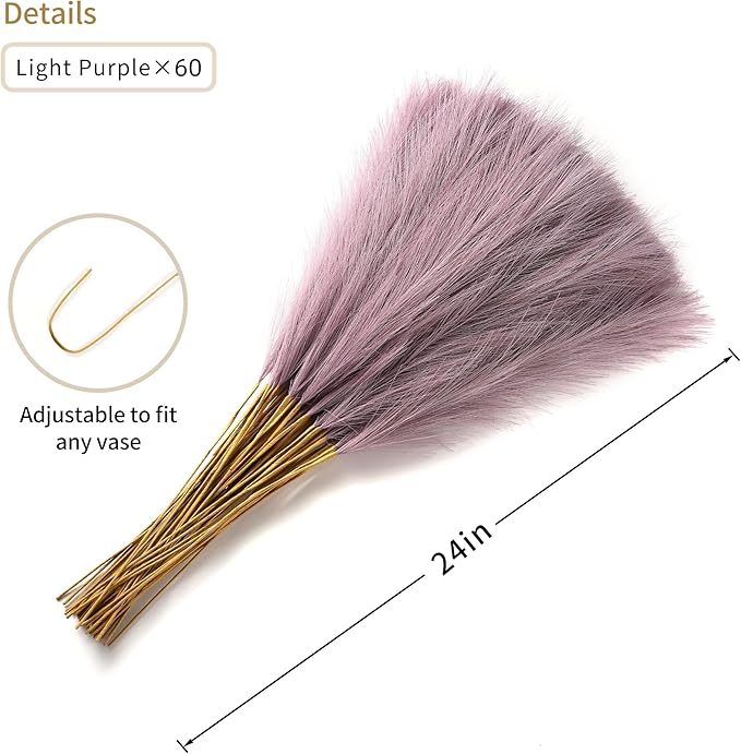 60pcs Purple Pampas Grass - 24 Inch Small Faux Pampas Grass Decor, Artificial Pompas Floral for Vase Filler, Table Centerpieces, Kitchen and House Decor (Purple)
