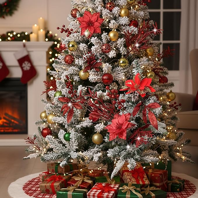 60 Pcs Christmas Glitter Branches 6 Styles Artificial Christmas Picks Berries Stems Poinsettia Flowers Pine Needles Floral Twig Spray for Xmas Tree Ornaments DIY Wreath Garland(Red)